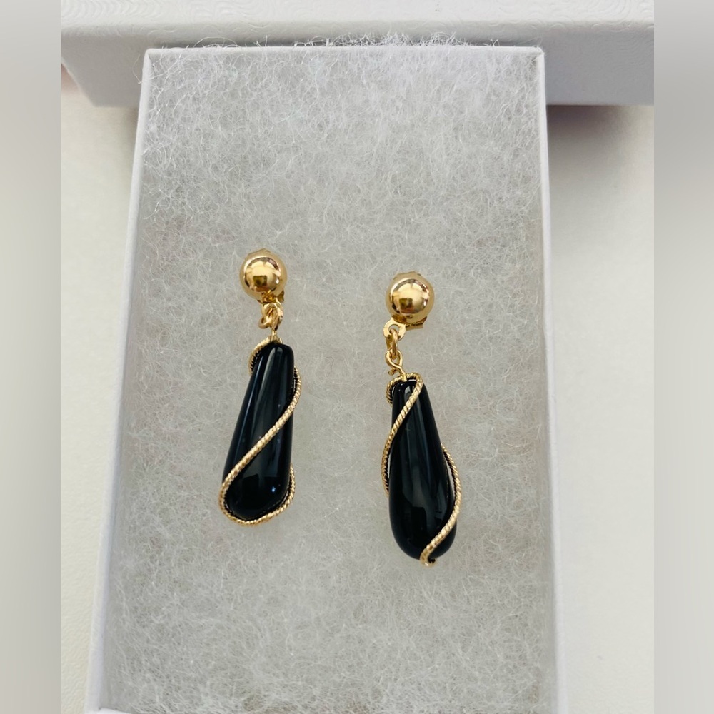 14K Yellow Gold 1” Onyx Dangle Gold Wire Twist Drop Earrings Vintage Unique - Picture 7 of 8